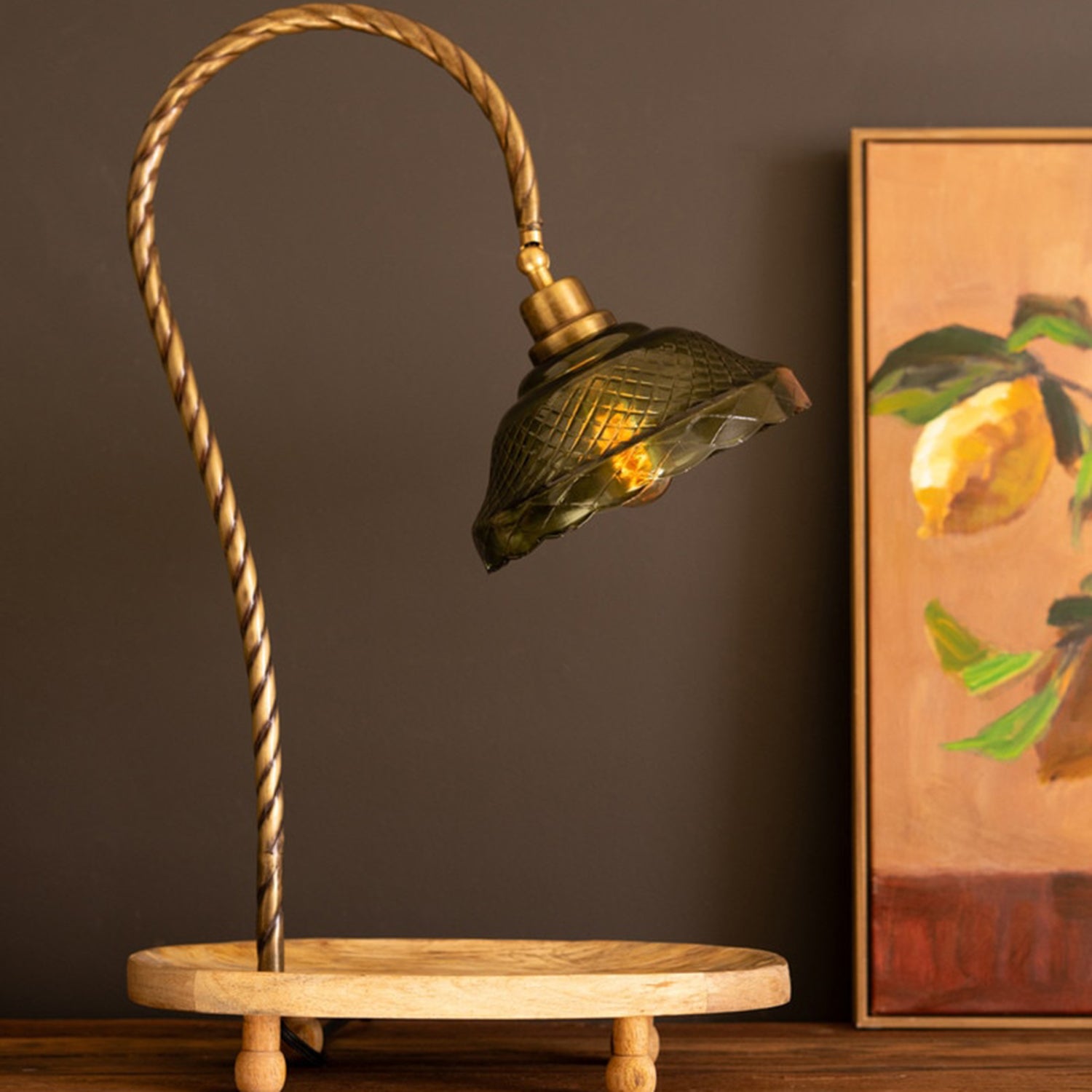 Table Lamp with Green Glass Shade and Oval Wooden Base