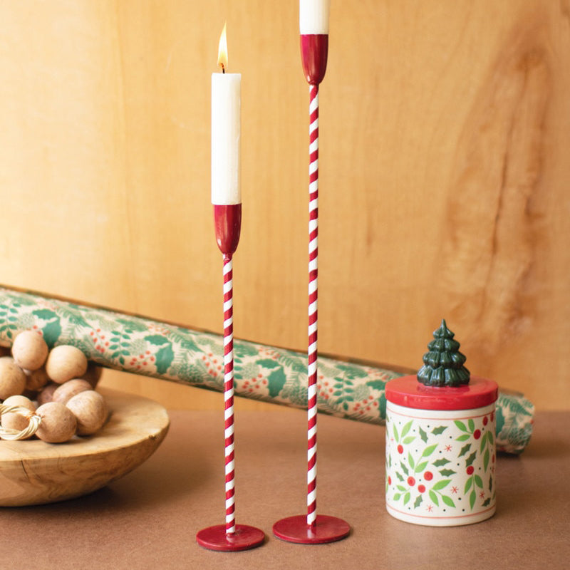 Red and White Candy Cane Taper Candle Holder Set of 2