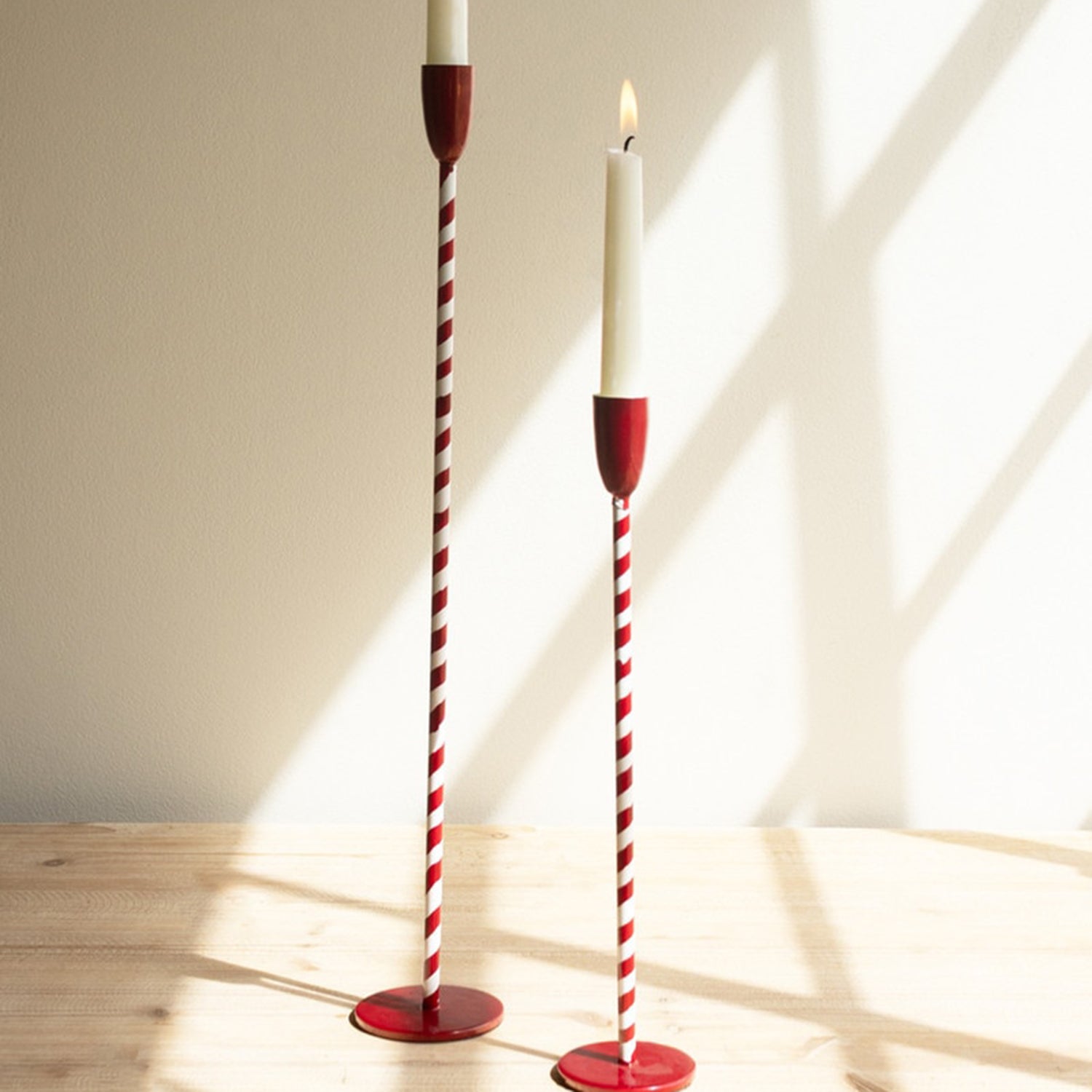 Red and White Candy Cane Taper Candle Holder Set of 2