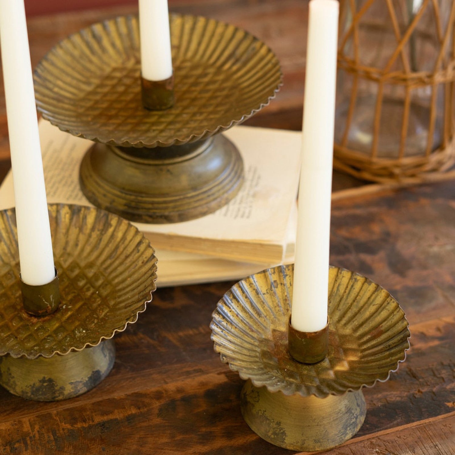 Antique Gold Taper Candle Holders With Fluted Base Set of 3