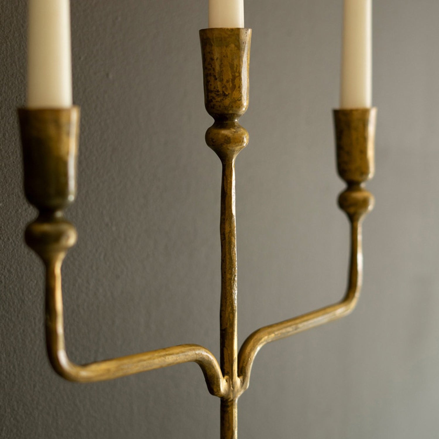 Forged Iron Antique Brass Triple Taper Wall Sconce Set of 2