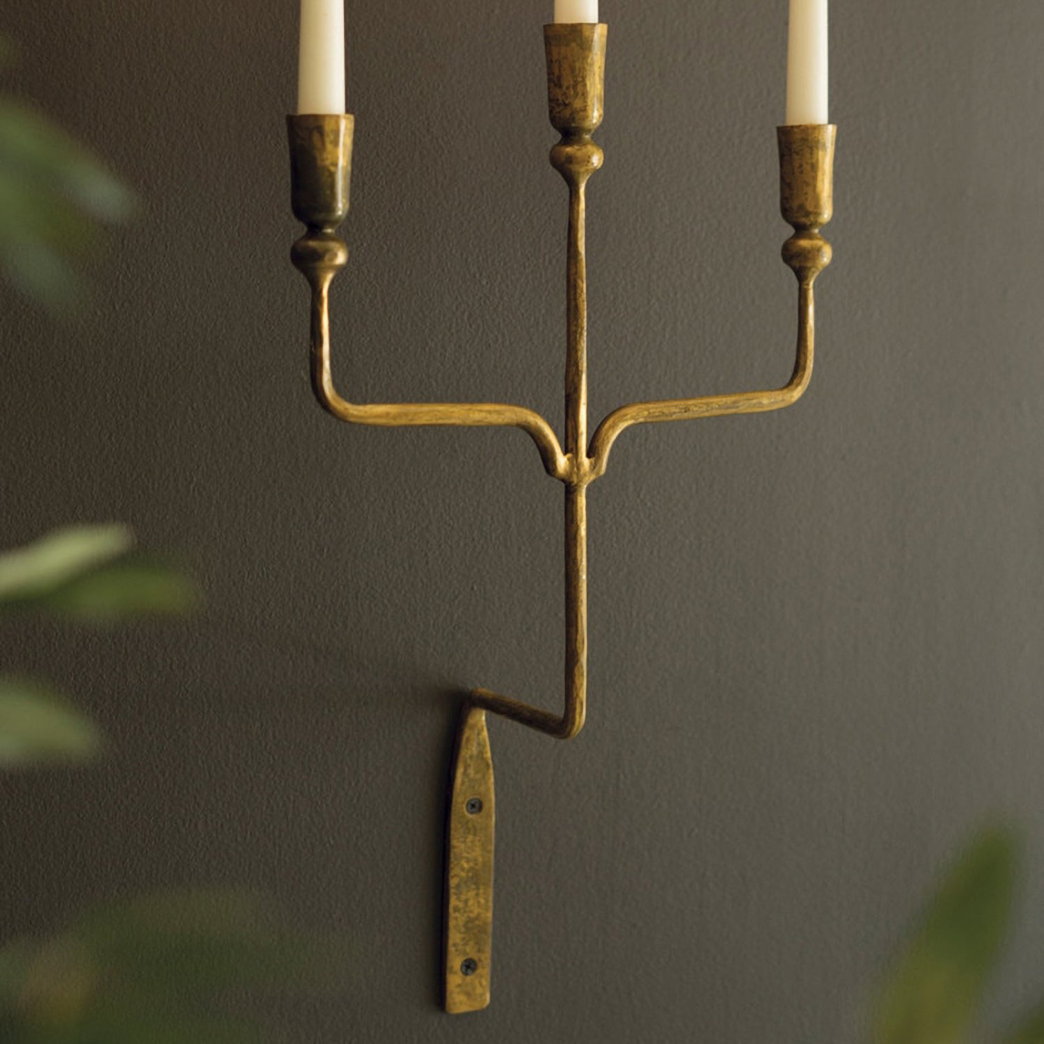 Forged Iron Antique Brass Triple Taper Wall Sconce Set of 2