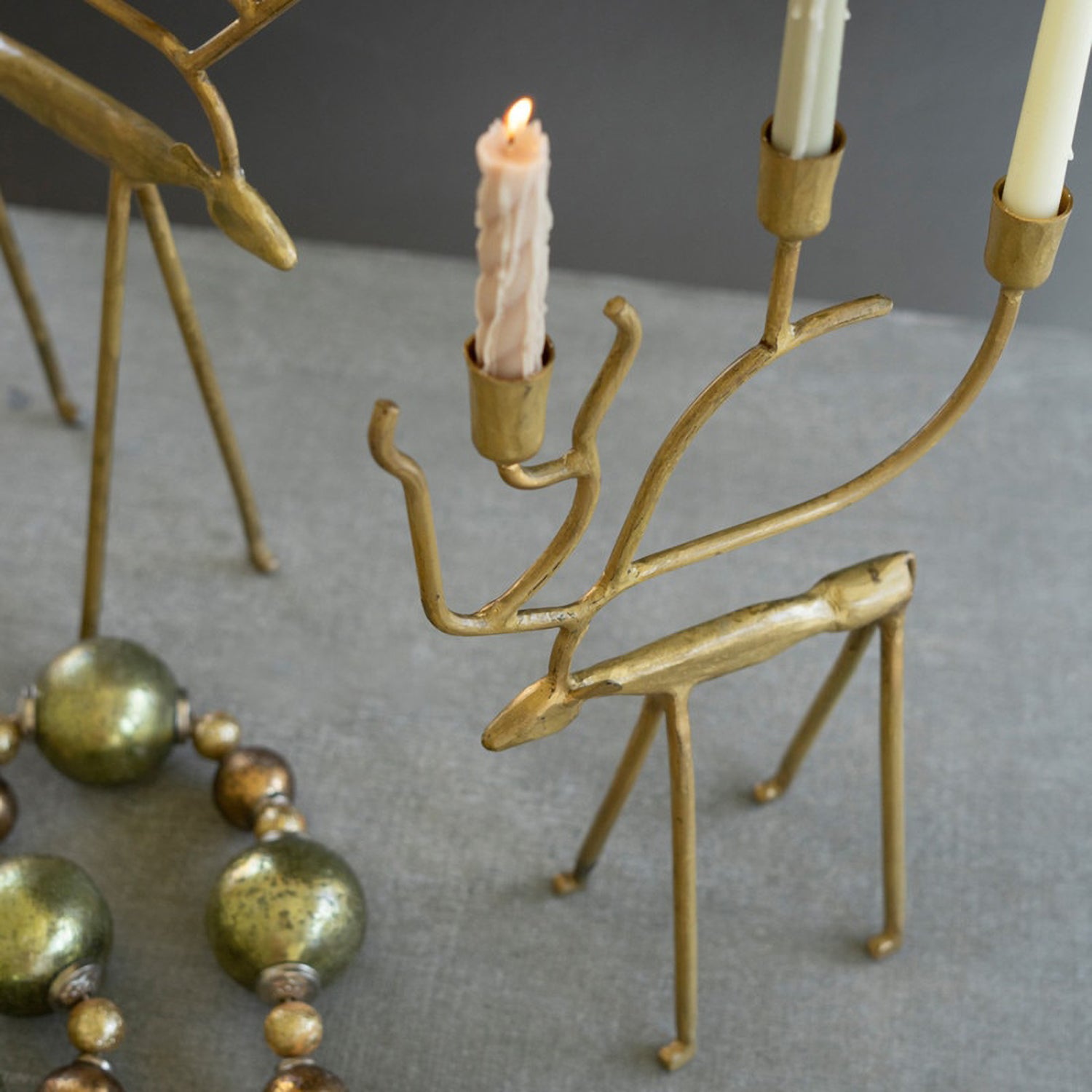 Antique Gold Forged Iron Christmas Deer Candelabra Set of 2