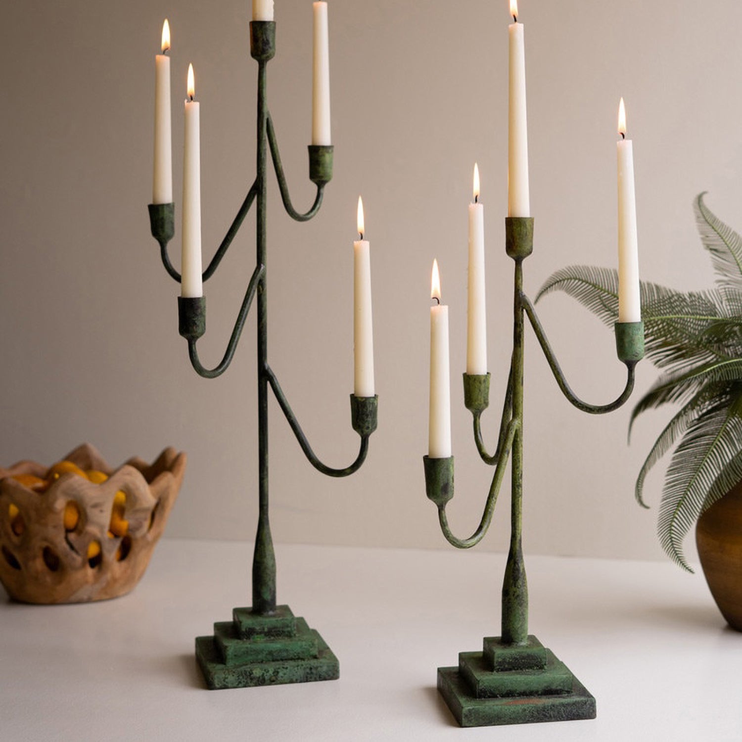 Forged-Iron Green Patina Taper Candelabra Set of 2