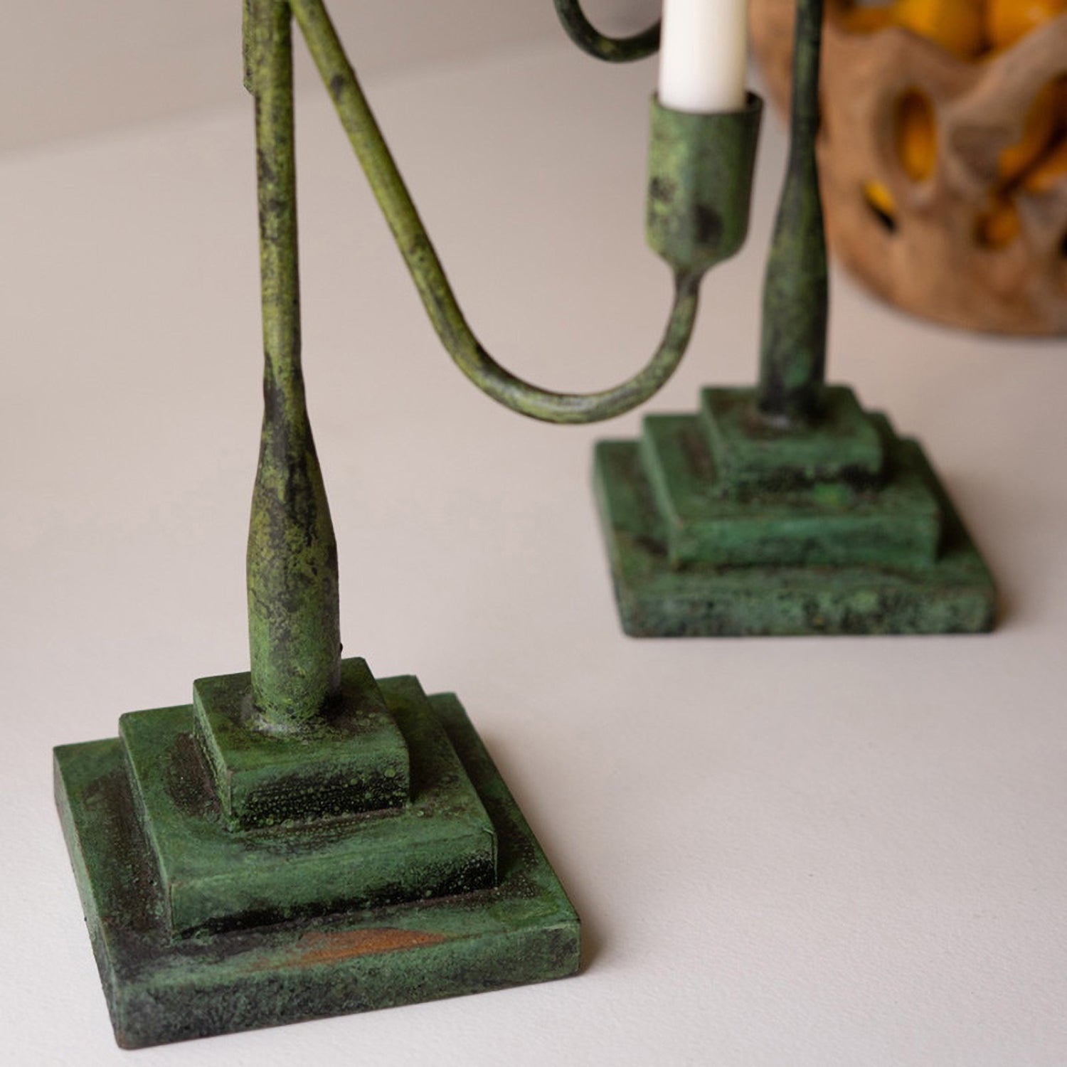 Forged-Iron Green Patina Taper Candelabra Set of 2