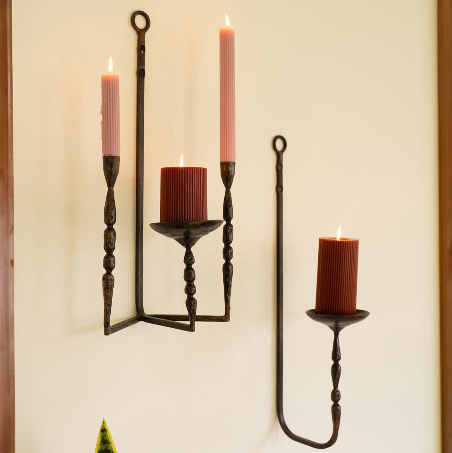 Forged-Iron Wall Taper and Pillar Candle Holder