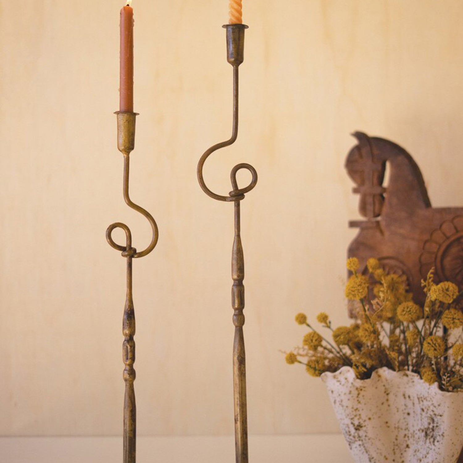 Loops Antique Brass Taper Candle Holder Set of 2