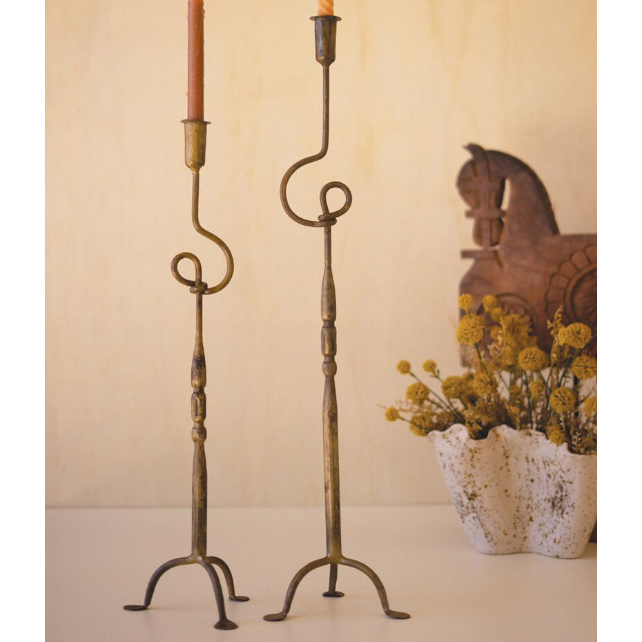 Loops Antique Brass Taper Candle Holder Set of 2