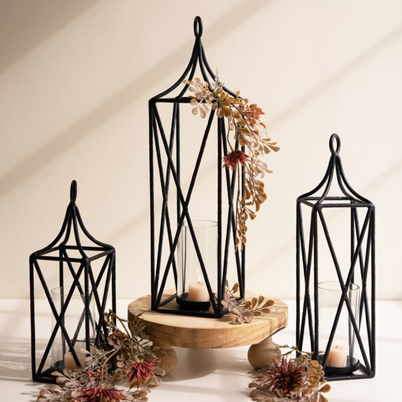 Metal Lanterns with Glass Insert Set of 3