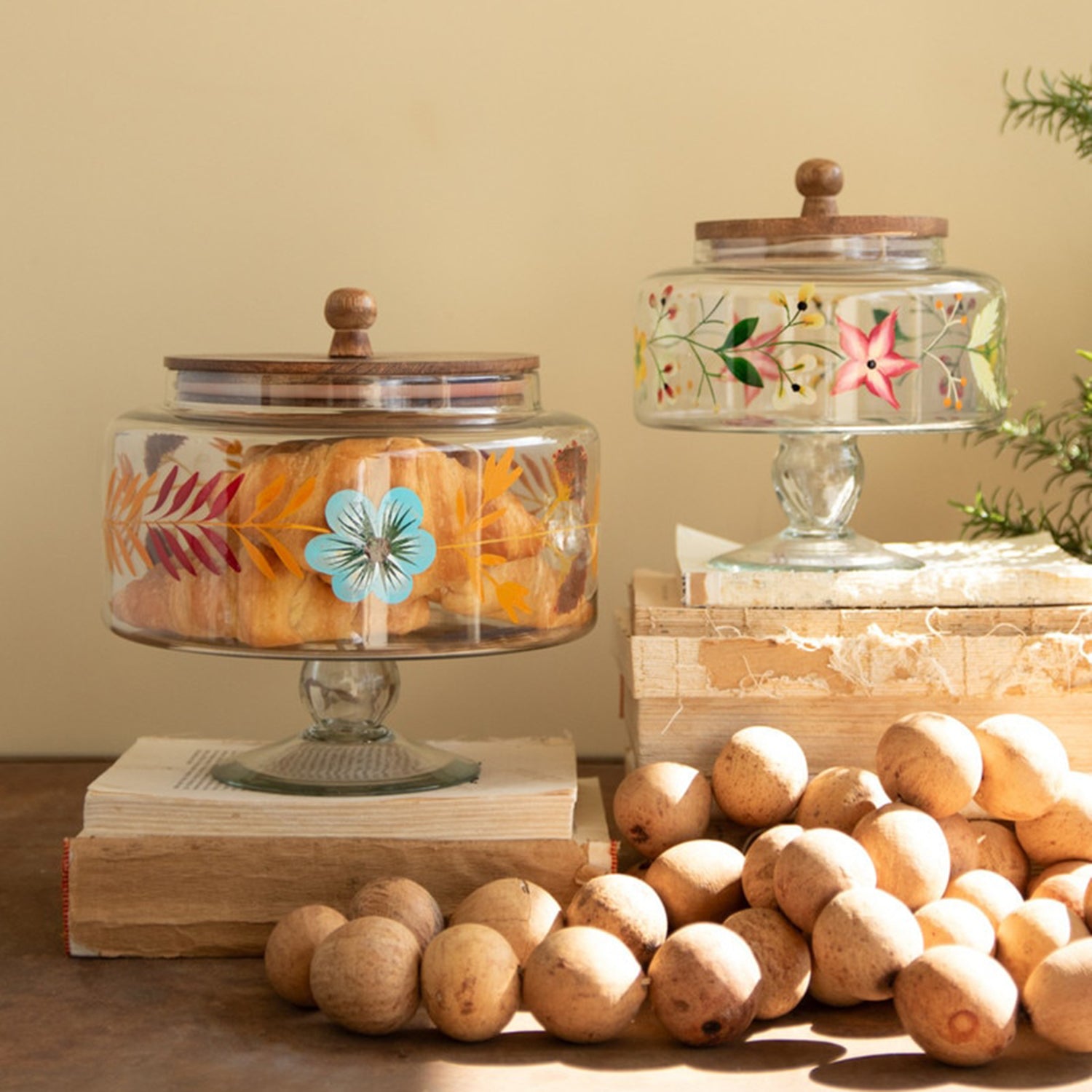 Footed Glass Jars Wood Tops & Painted Set of 2