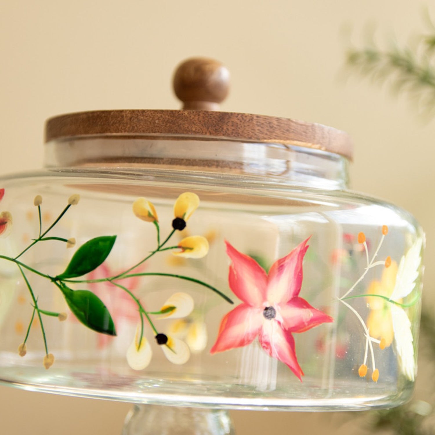 Footed Glass Jars Wood Tops & Painted Set of 2