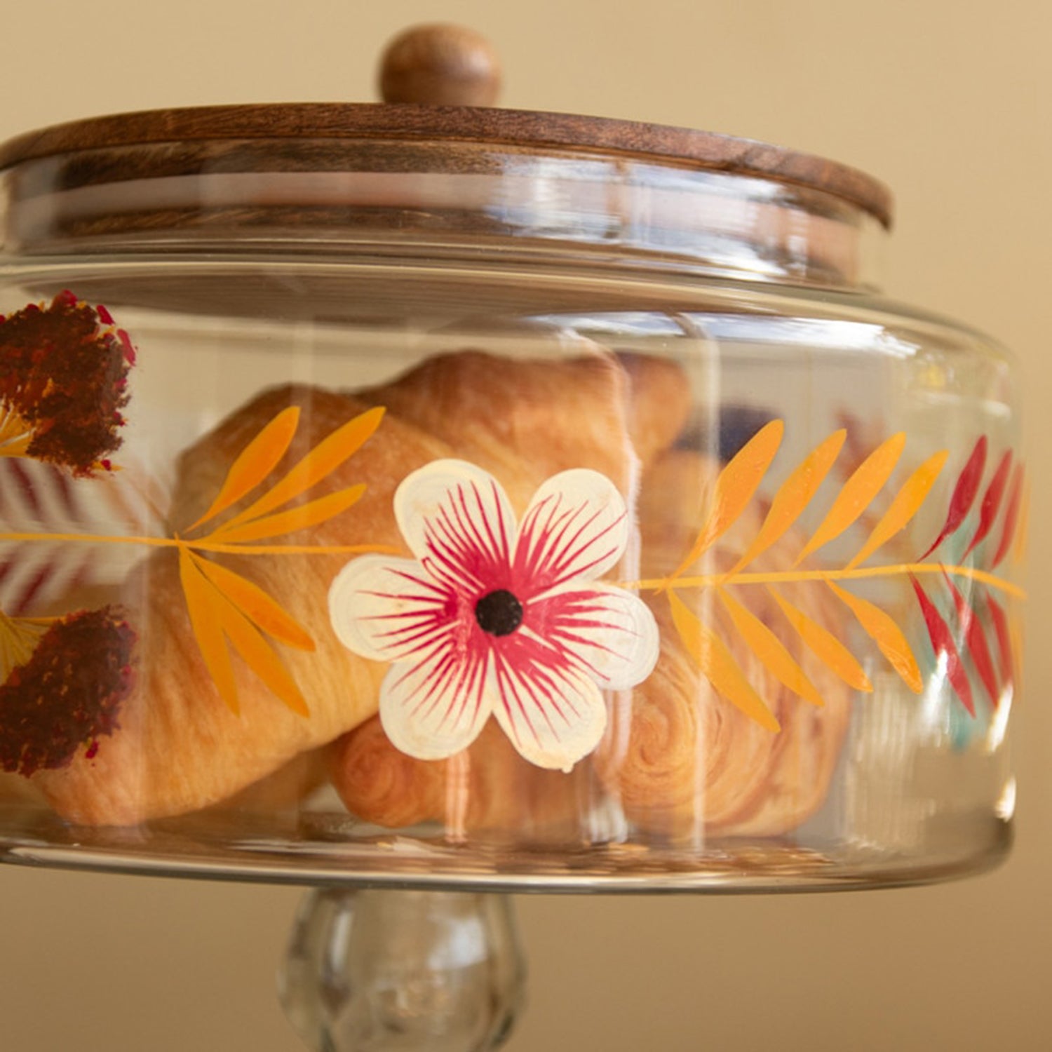 Footed Glass Jars Wood Tops & Painted Set of 2
