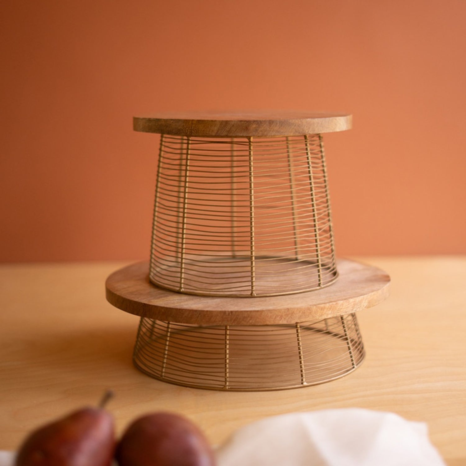 Round Mango Wood and Wire Riser Set of 2