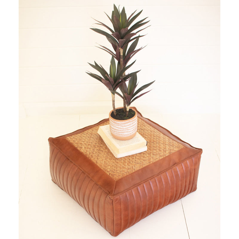 Square Leather & Woven Cane Pouf