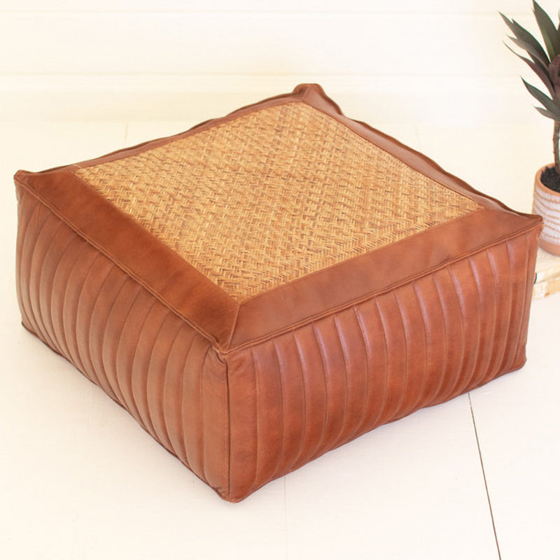 Square Leather & Woven Cane Pouf