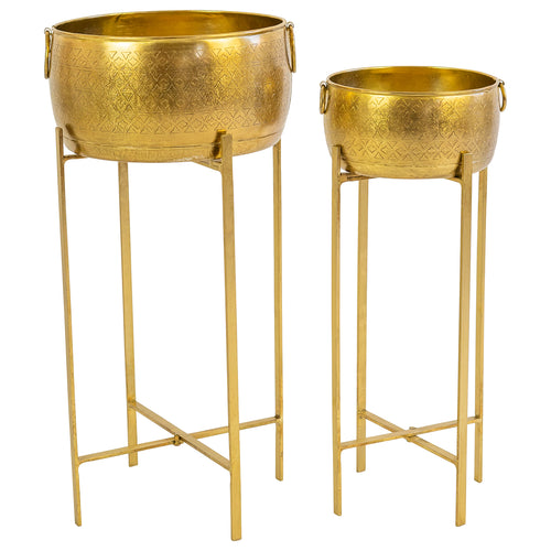 Brass Finish Planter With Stand Set of 2
