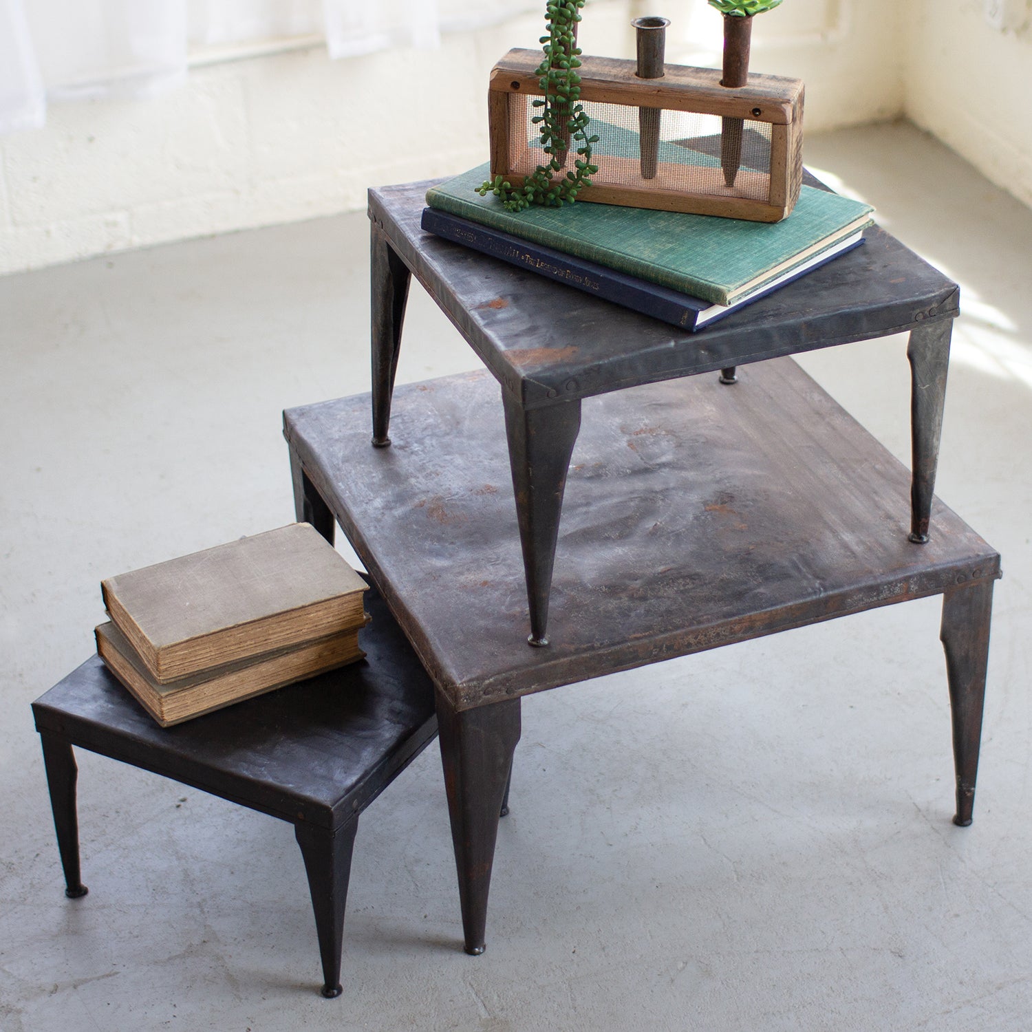 Recycled Metal Plant Stand Set of 3 Paynes Gray