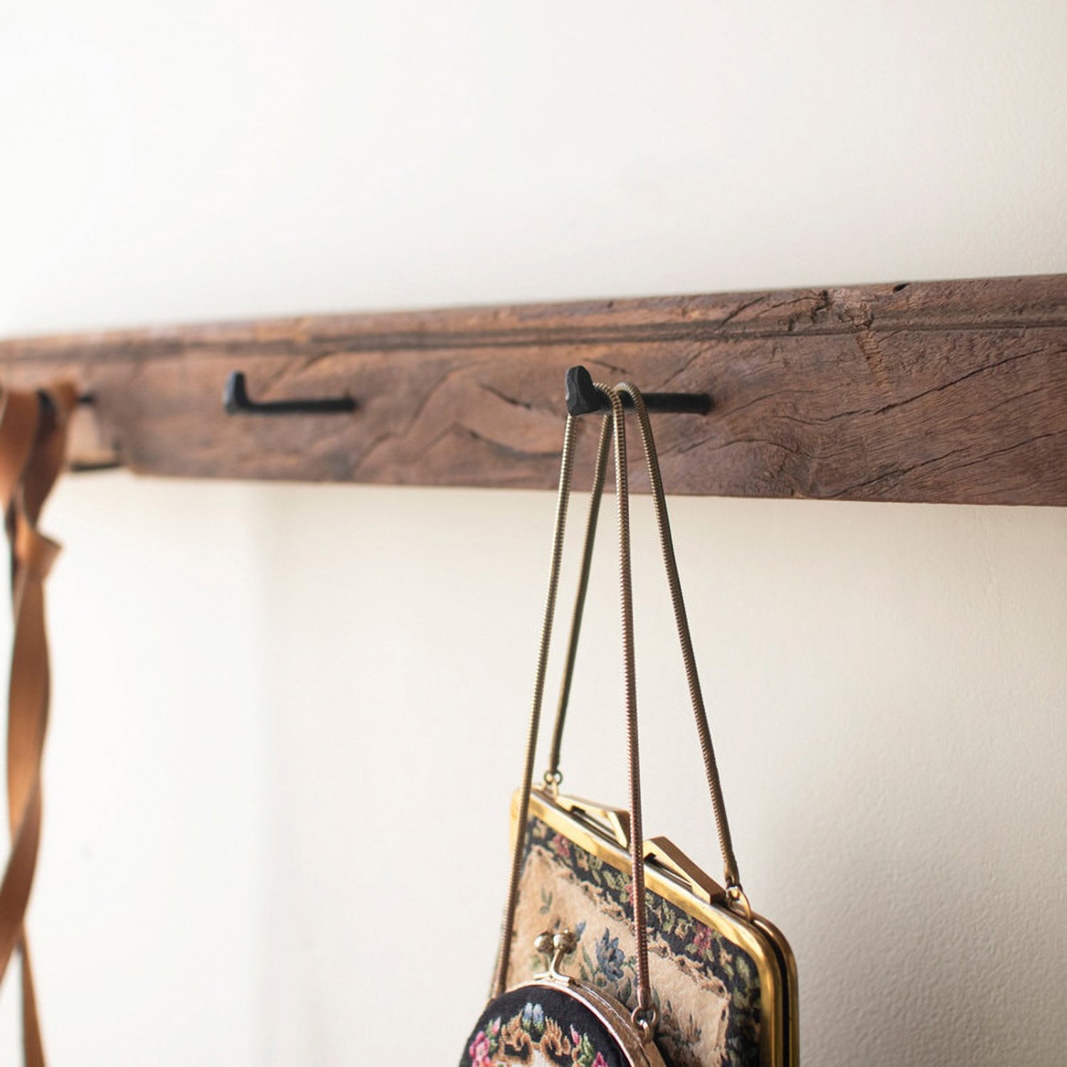 Recycled Wood Coat Rack with Forged Iron Hooks