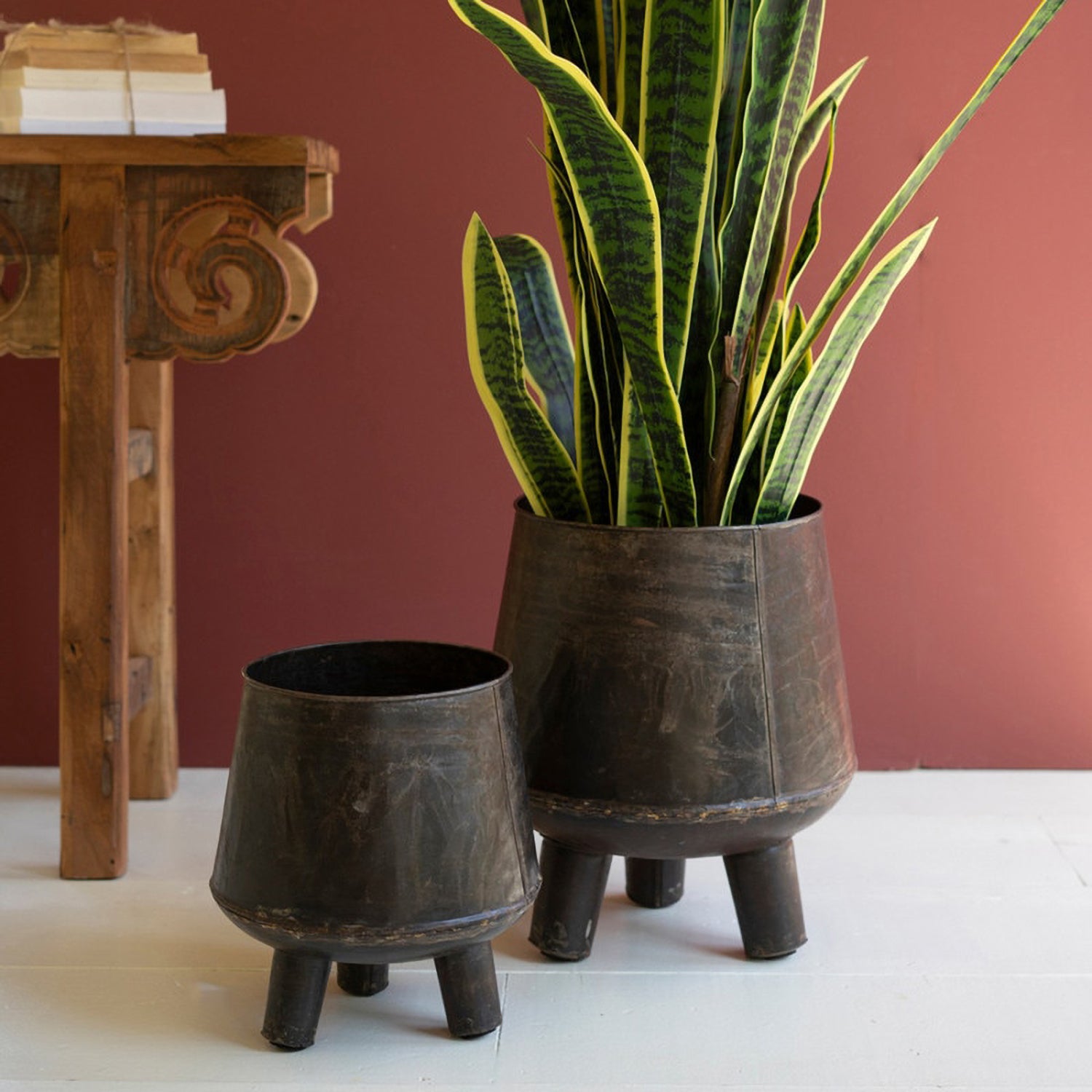 Hand-Hammered Iron Planters with Legs Set of 2