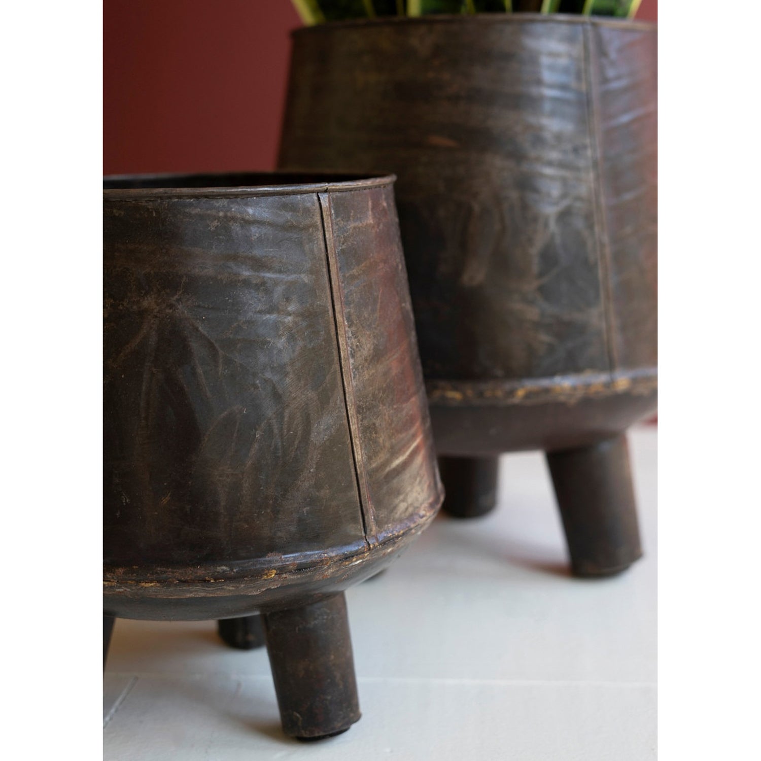 Hand-Hammered Iron Planters with Legs Set of 2