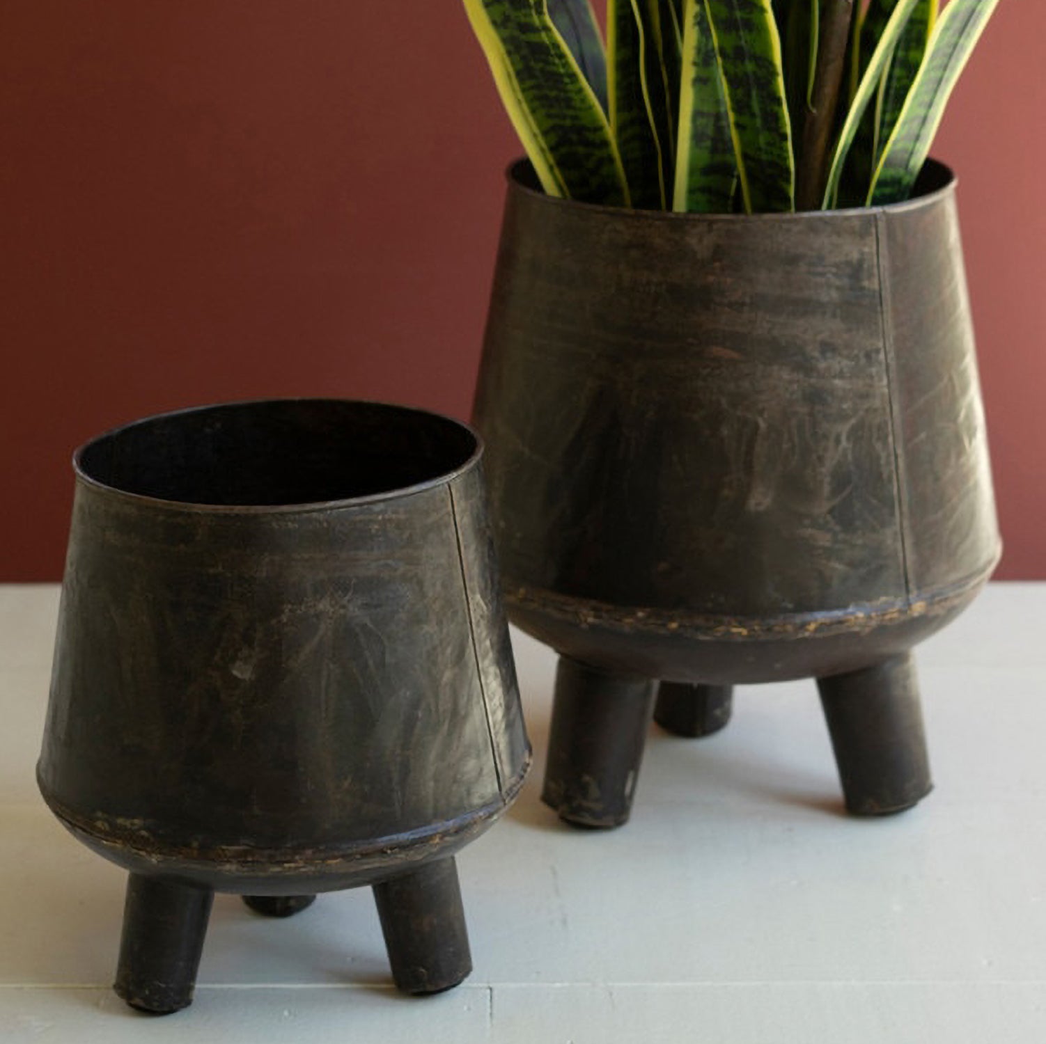 Hand-Hammered Iron Planters with Legs Set of 2