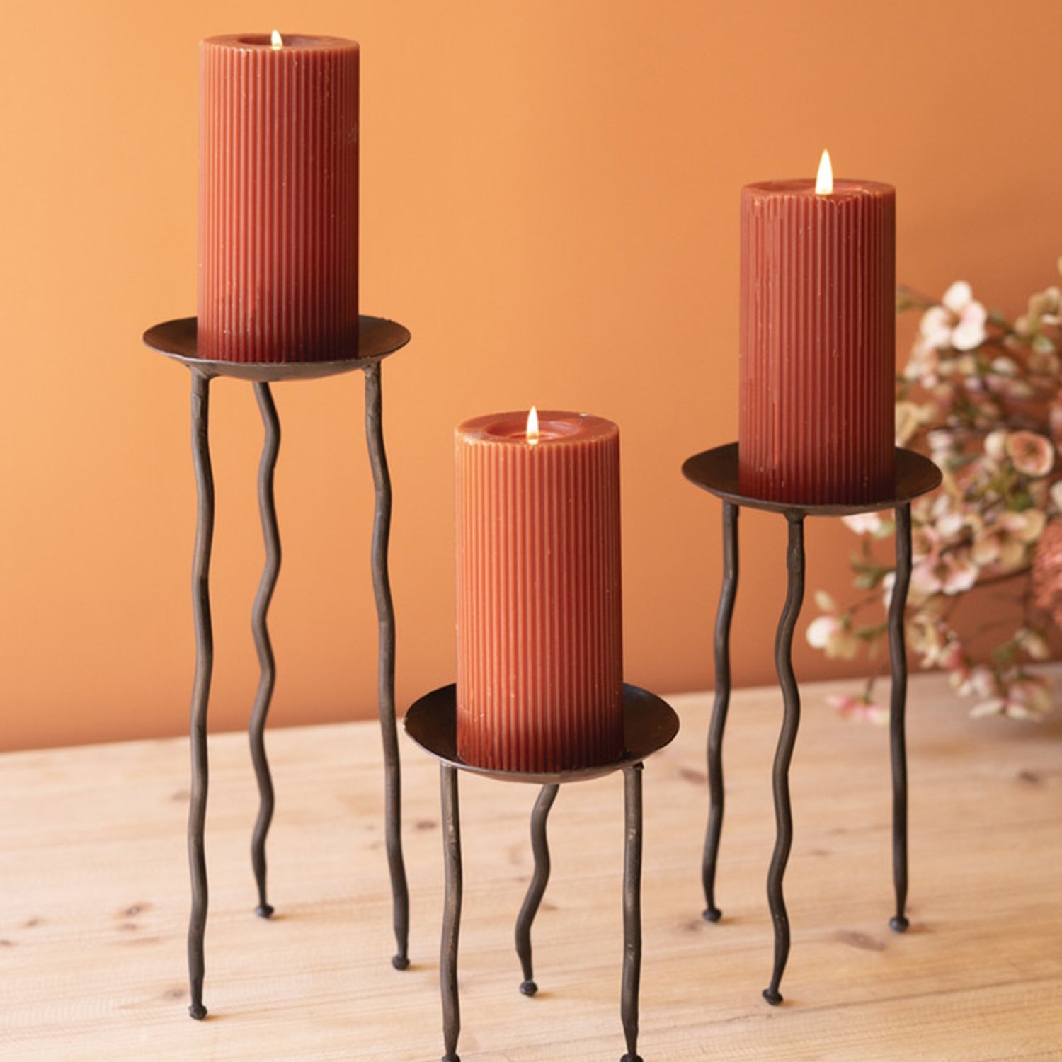 Rustic Metal Candle Stands with Wavy Leg Set of 3