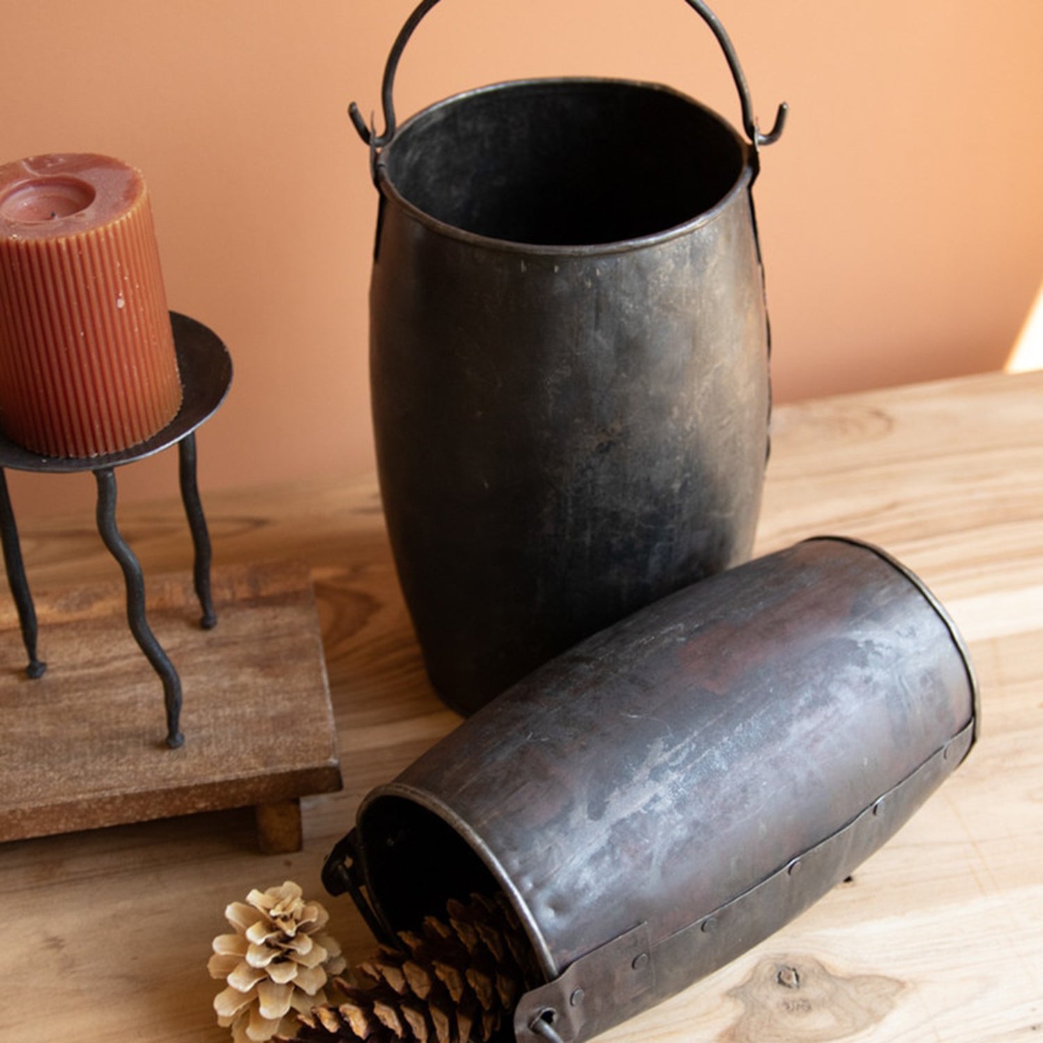 Hammered Iron Buckets with Handle Set of 2