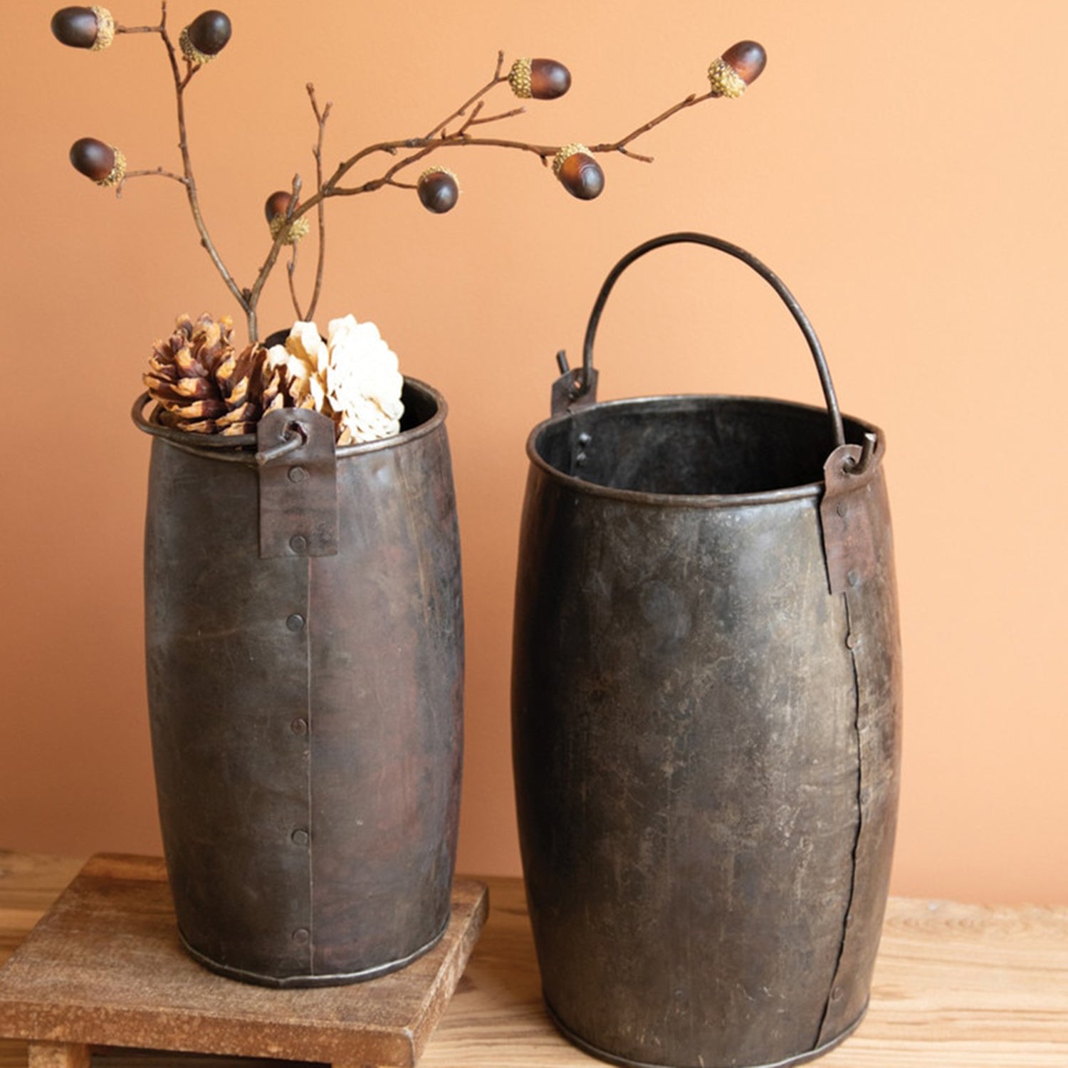 Hammered Iron Buckets with Handle Set of 2