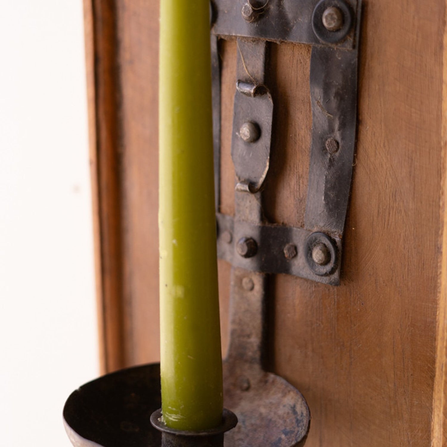 Wooden Wall Sconce with Repurposed Iron Spoon Candle Holder