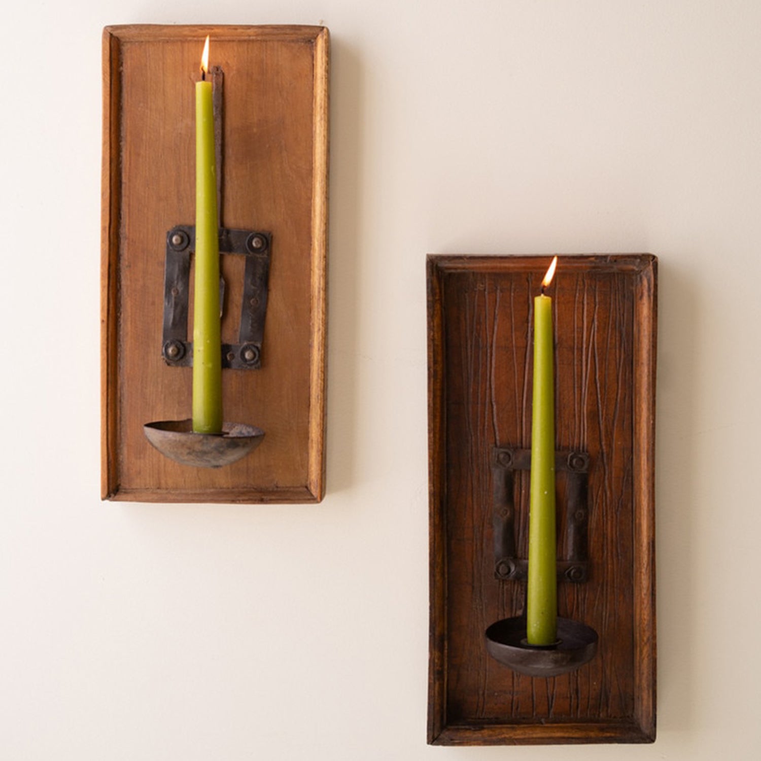 Wooden Wall Sconce with Repurposed Iron Spoon Candle Holder