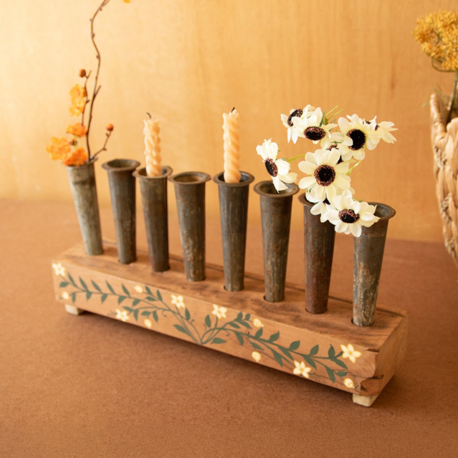 Eight Metal Bud Vase with Painted Wooden Base
