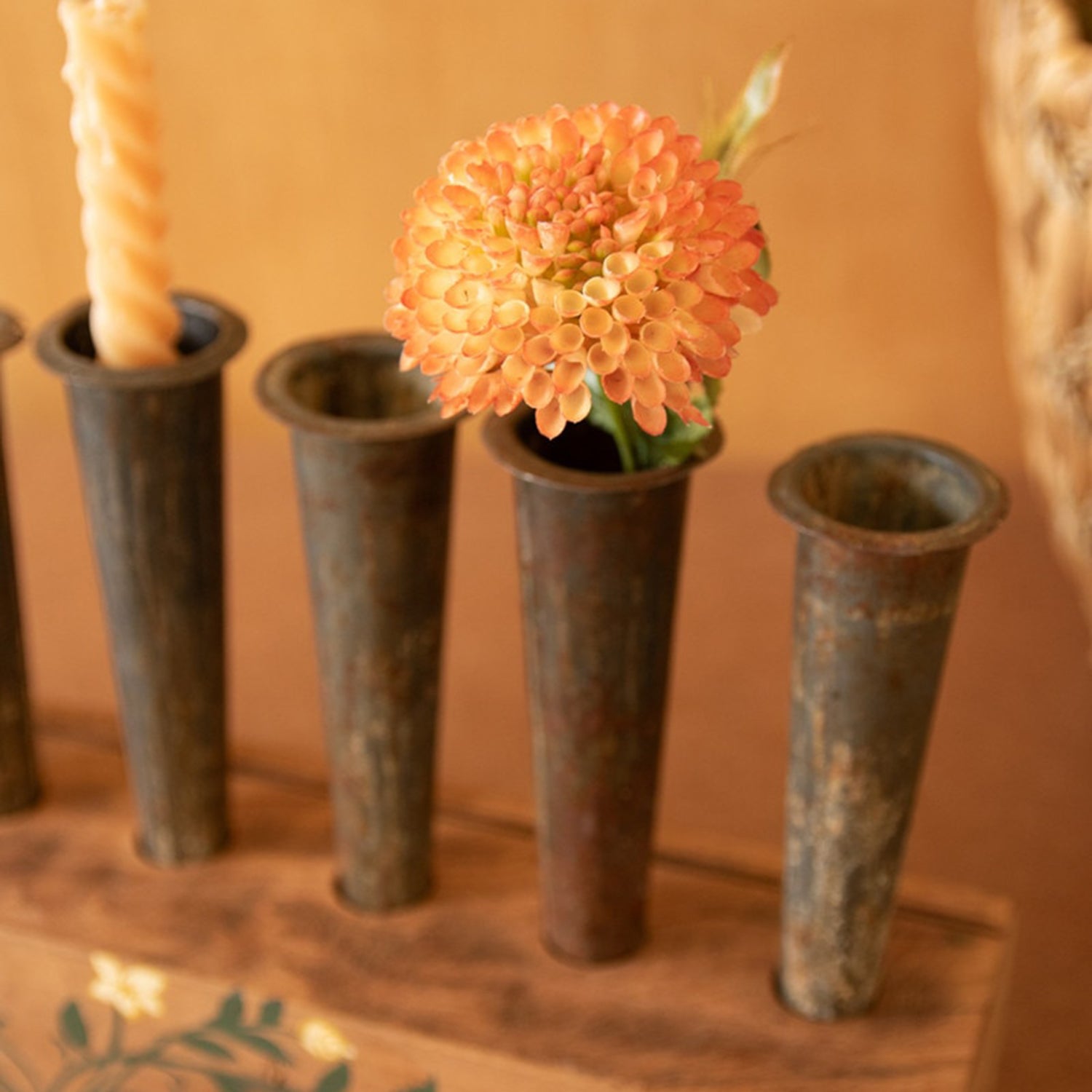 Eight Metal Bud Vase with Painted Wooden Base