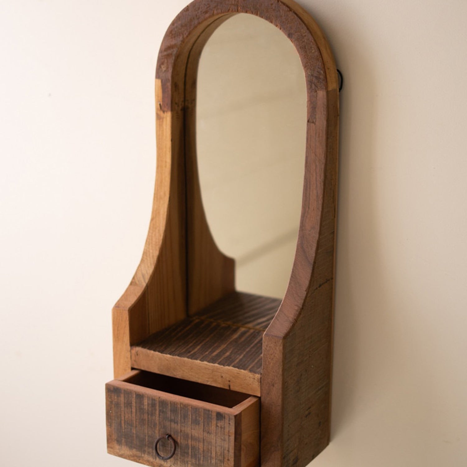 Arched Wood Framed Mirror with Drawer