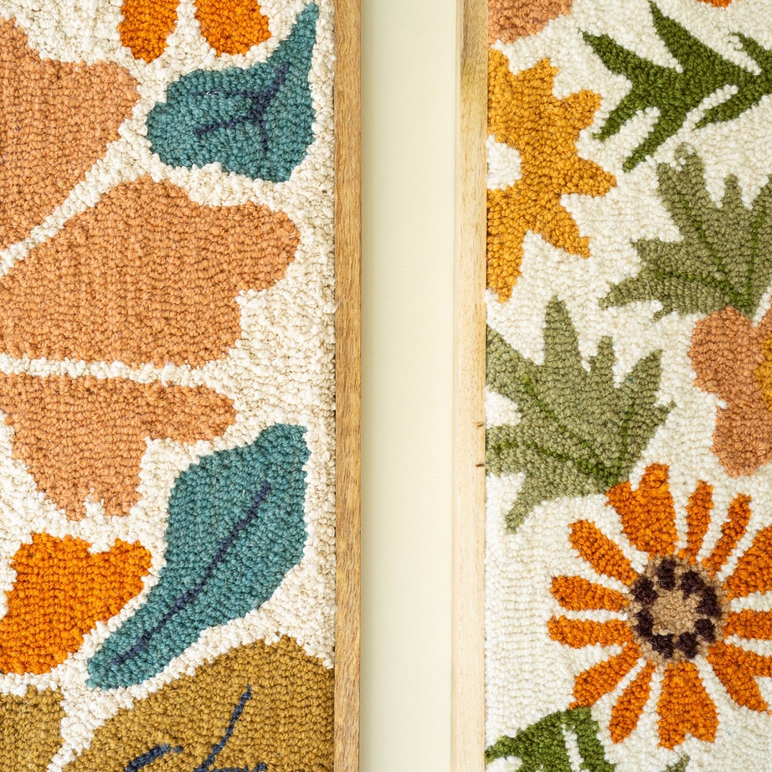 Wood Framed Hand-Hooked Floral Set of 2