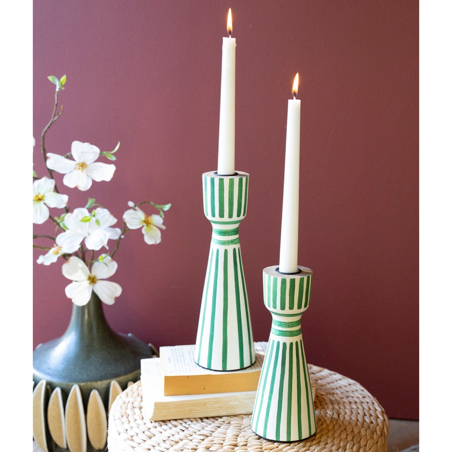 Hand-Painted Wooden Taper Candle Holder Set of 2