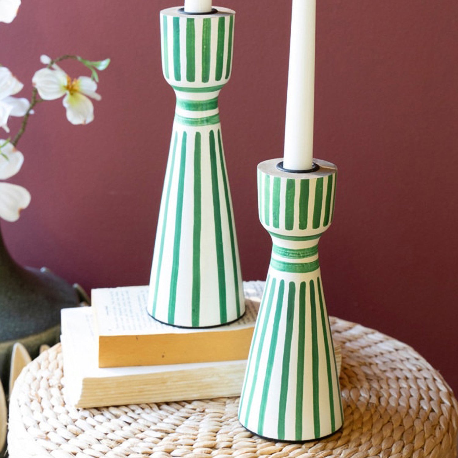 Hand-Painted Wooden Taper Candle Holder Set of 2