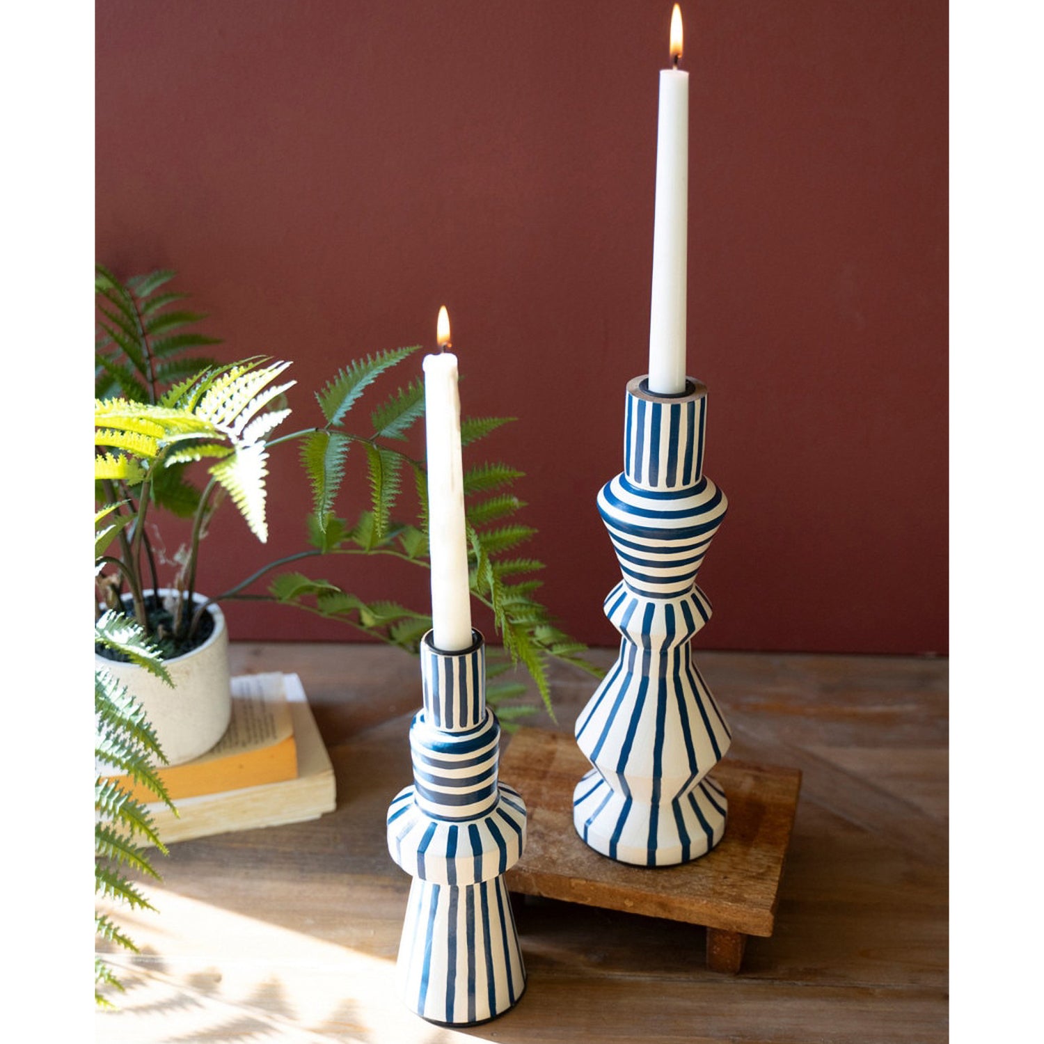 Hand-Painted Wooden Taper Candle Holder Set of 2