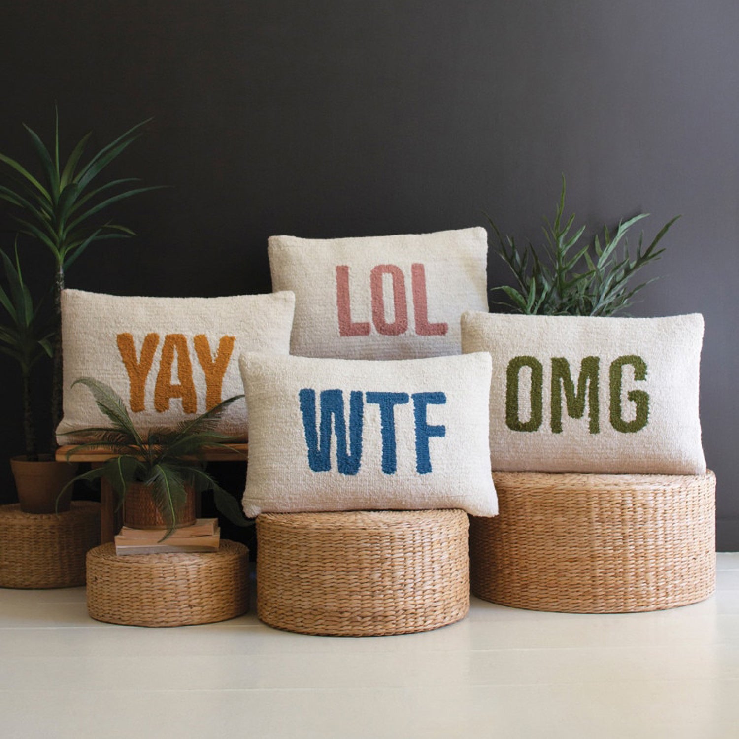 Omg Hand-Hooked Throw Pillow