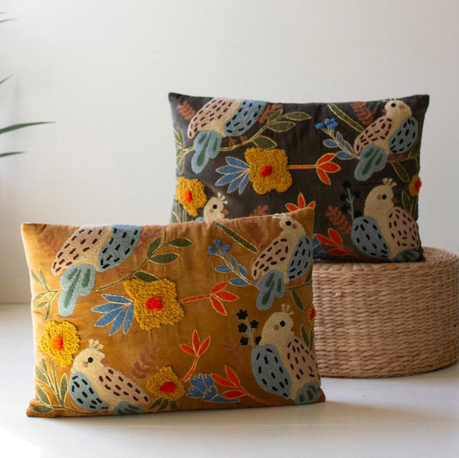 Embroidery Pillows with Bird Set of 2