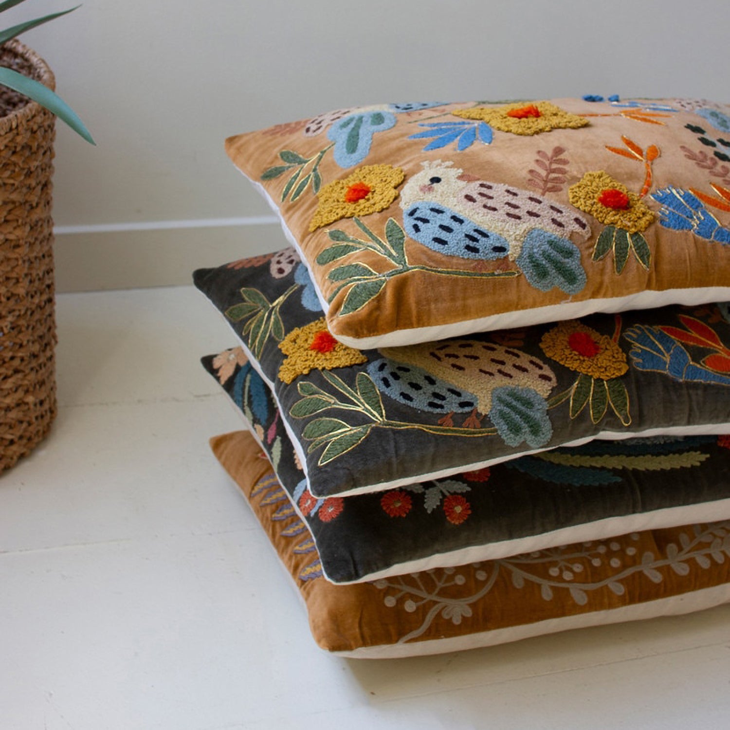 Embroidery Pillows with Bird Set of 2