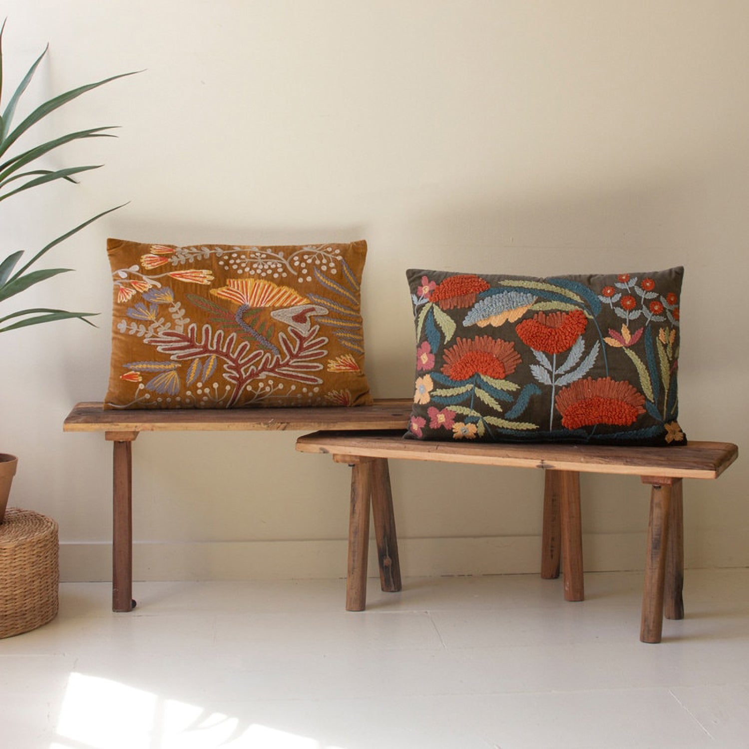 Embroidery Pillows with Flower Set of 2