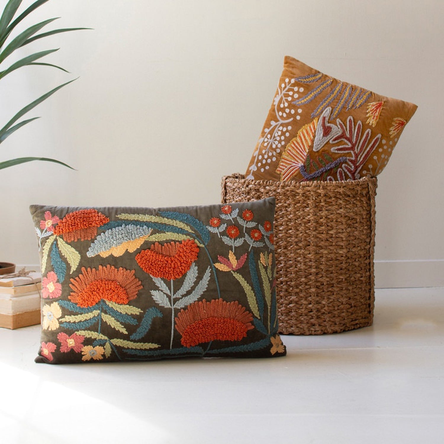 Embroidery Pillows with Flower Set of 2