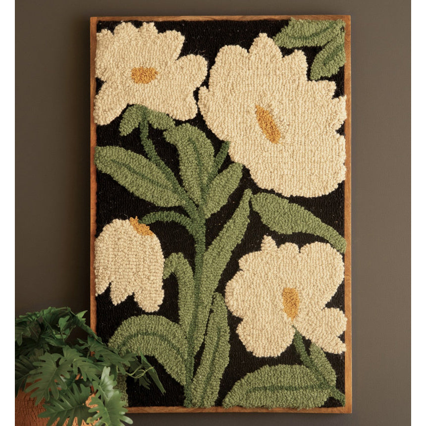 White Flowers Wood Framed Hand-Hooked Art