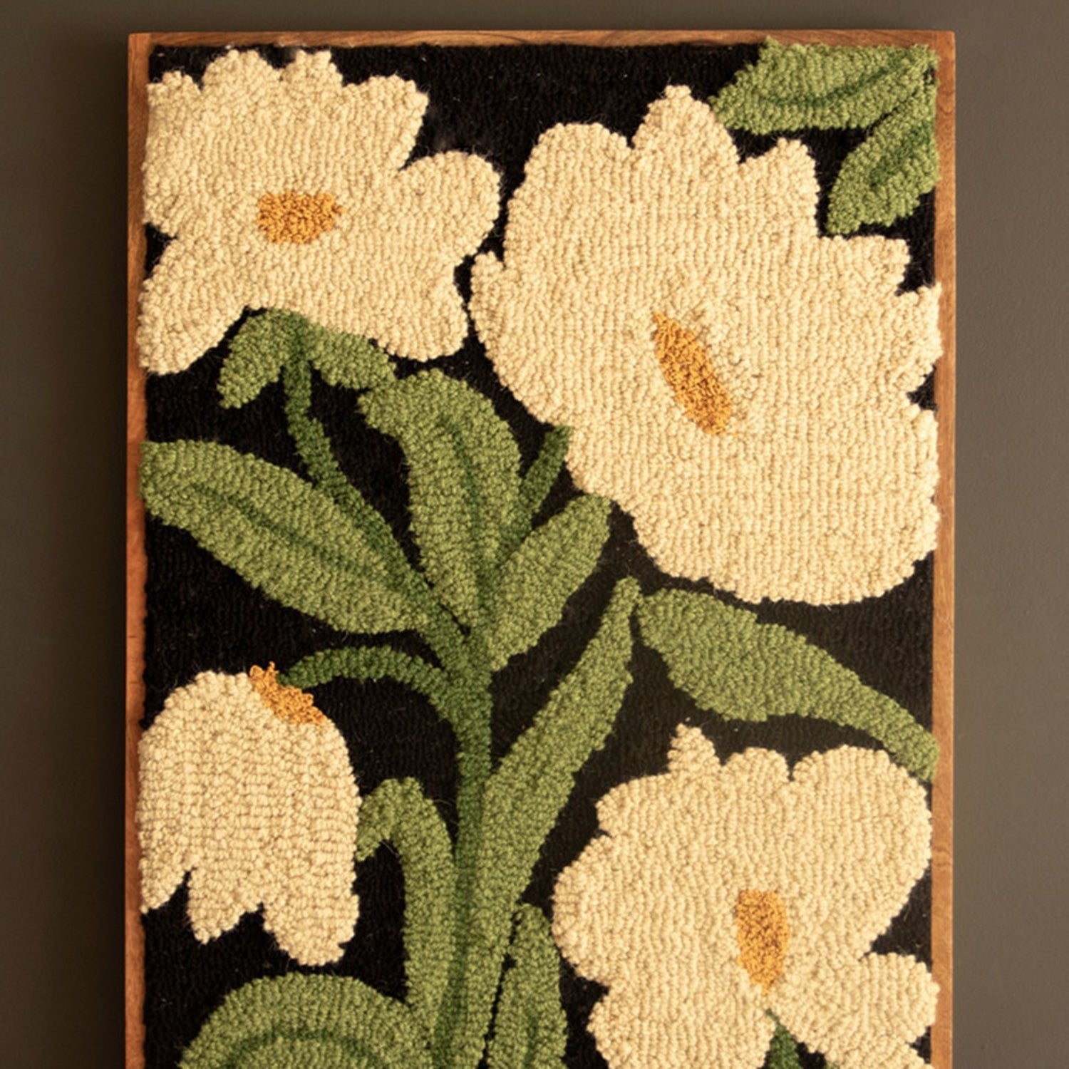 White Flowers Wood Framed Hand-Hooked Art