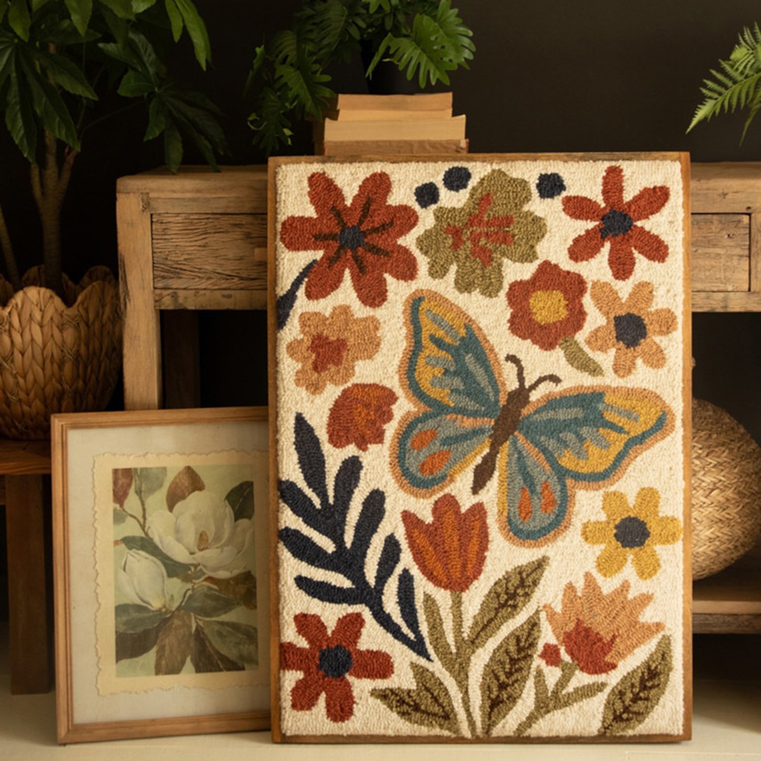 Flowers & Butterfly Wood Framed Hand-Hooked Art