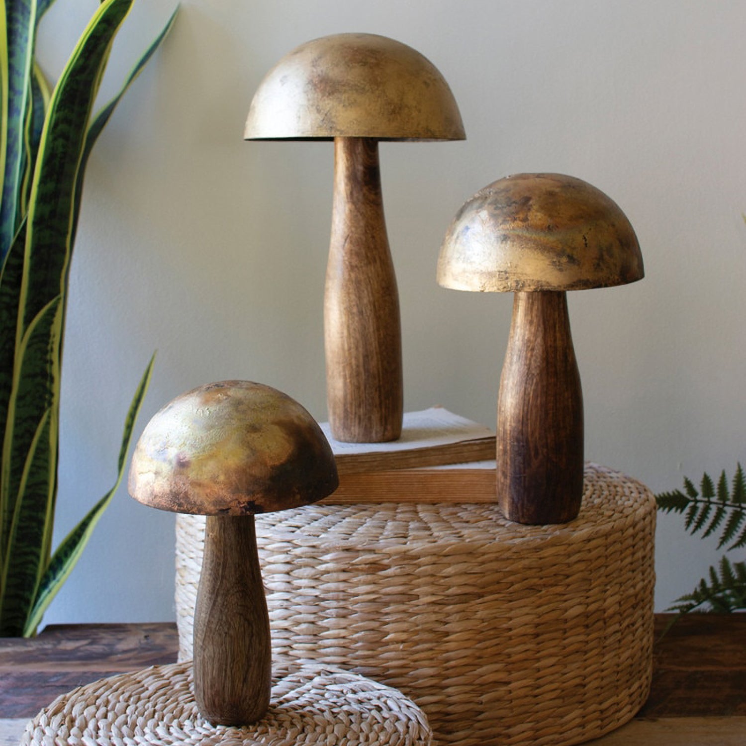 Antique Brass Mushrooms with Wooden Base Set of 3