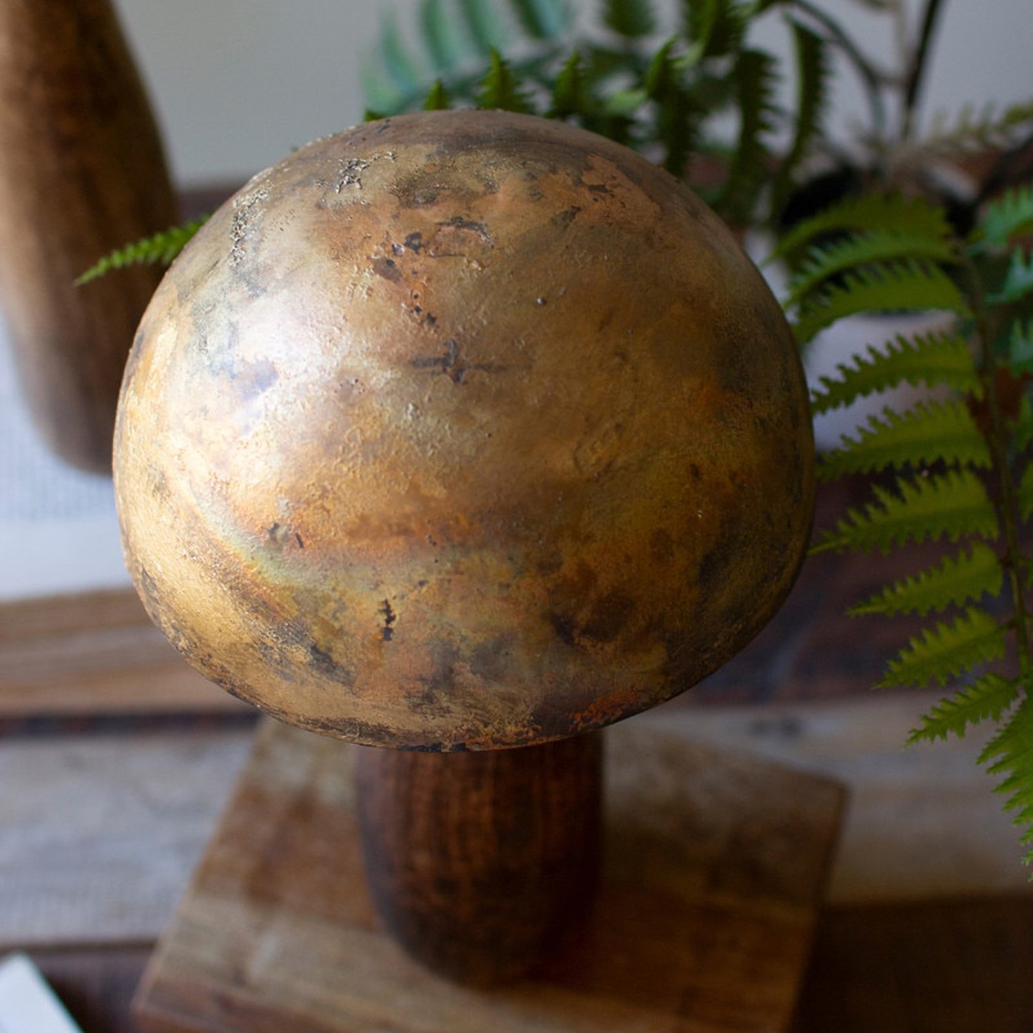 Antique Brass Mushrooms with Wooden Base Set of 3