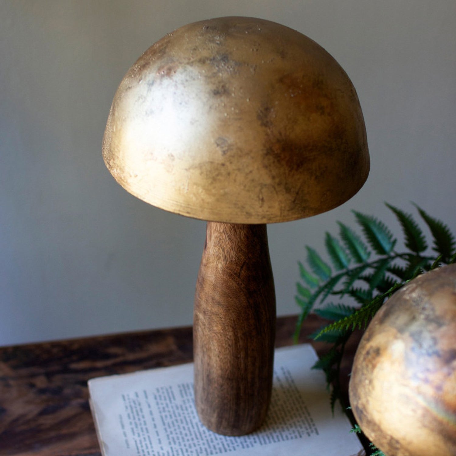 Antique Brass Mushrooms with Wooden Base Set of 3