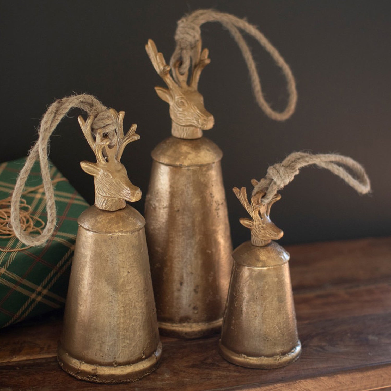 Antique Gold Metal Christmas Bells with Deer Finial Set of 3