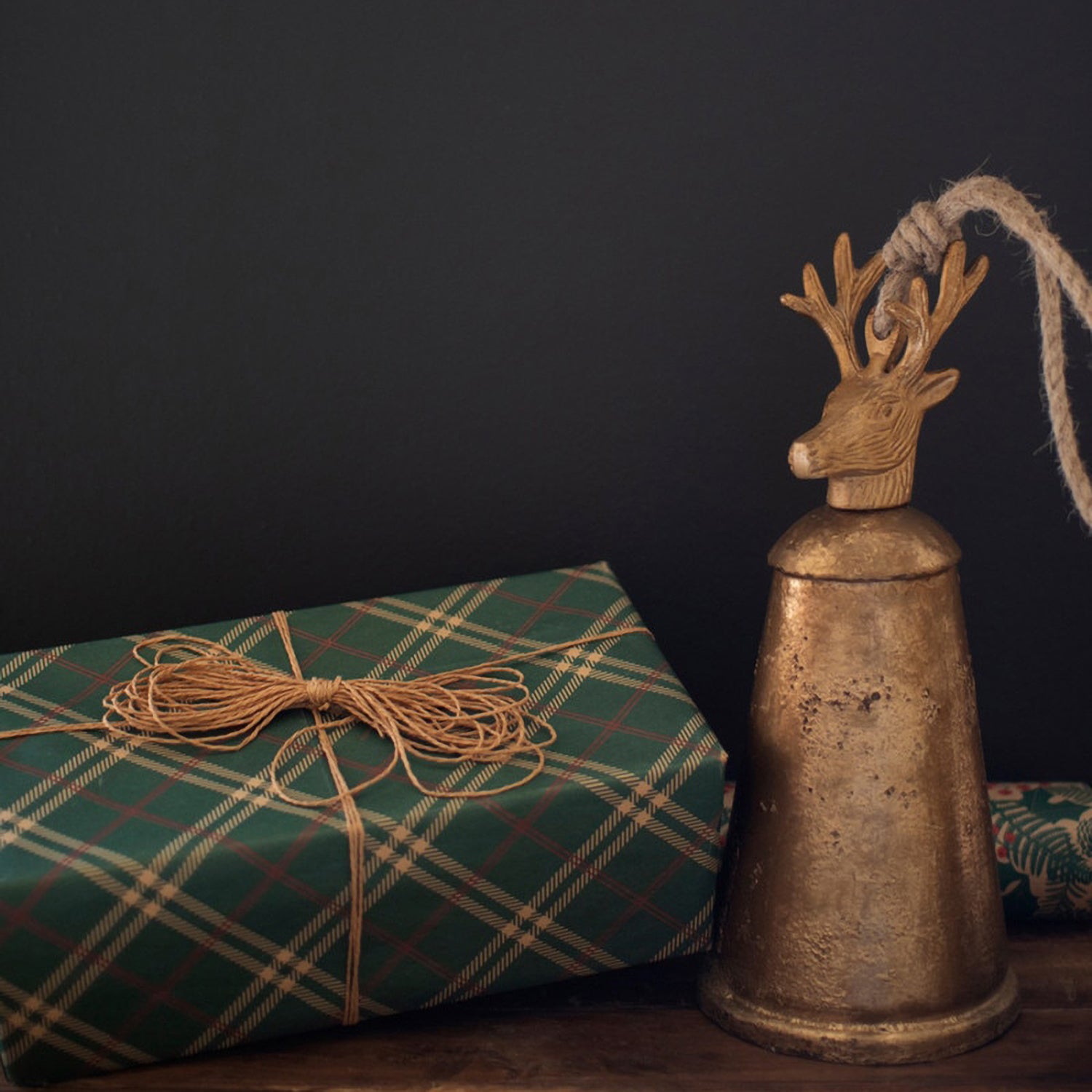 Antique Gold Metal Christmas Bells with Deer Finial Set of 3